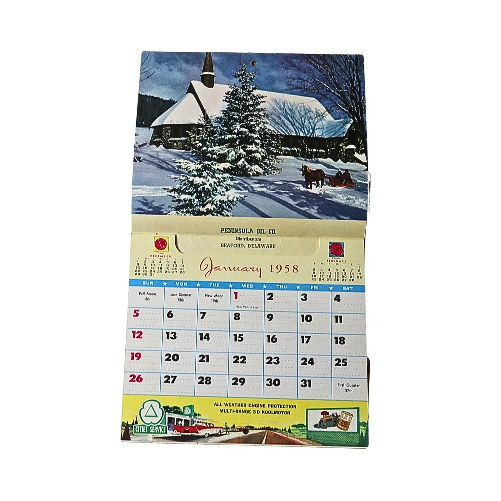 1958 Peninsula Oil Seaford Delaware Cities Service Calendar Unused Vintage